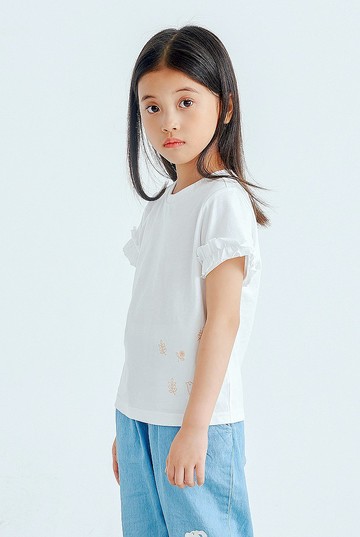 【出清優惠】木耳邊袖口刺繡棉T 橘/白