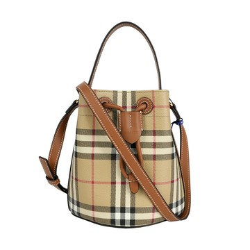 BURBERRY 格紋帆布及皮革迷你水桶包(經典米色/石楠木棕) 8109794