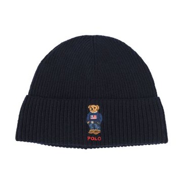 RALPH LAUREN POLO 丹寧小熊刺繡LOGO素面羊毛混紗羅紋針織毛帽-深藍色