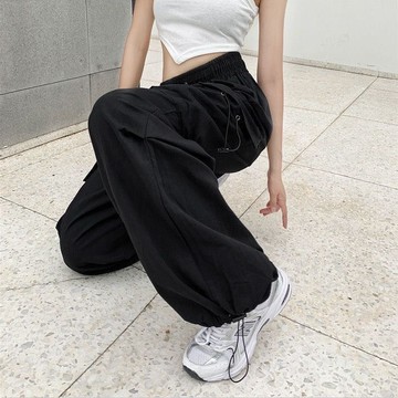 臺灣出貨 春秋休閒褲 工裝褲子女 韓版寬鬆闊腿束腳運動長褲 女裝 女生長褲 褲子 長褲女生 高腰長褲 長褲