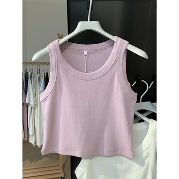 紫色美式螺紋棉修身工字內搭白色吊帶辣妹通勤外穿低領鎖骨背心女