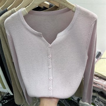 純色百搭薄款軟糯坑條長袖針織衫開衫女2024早秋新款修身小衫上衣