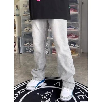 煙灰色彎刀牛仔褲胖男生腿粗屁股大修身顯瘦褲子美式高街微喇叭褲