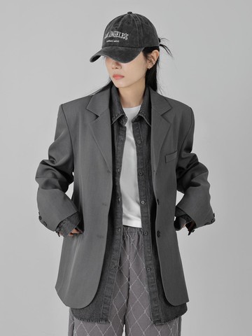 Porteo Shoulder Pads Button-up Single Collar Overfit Blazer (DDT0189)