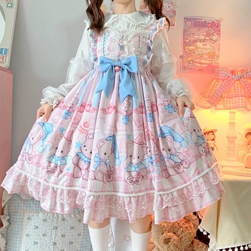 WF原創設計早春lolita甜妹連衣裙胖mm洛麗塔顯瘦JSK吊帶裙長袖