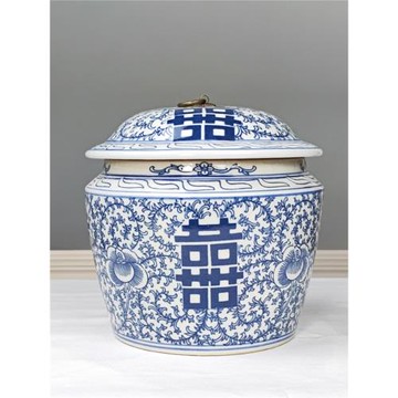 景德鎮陶瓷中式儲物罐擺件罐子青花瓷帶蓋家用喜字罐飯鼓復古裝飾