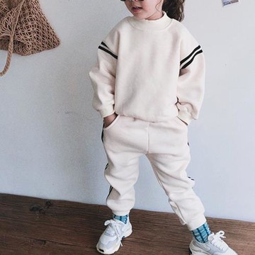 韓版冬裝新款兒童套裝 男女童時髦抓絨運動休閑拼條衛衣褲兩件套2