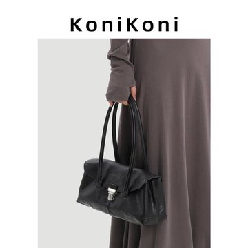 KoniKoni真皮小眾波士頓保齡球包女2026新款高級感秋冬單肩腋下包