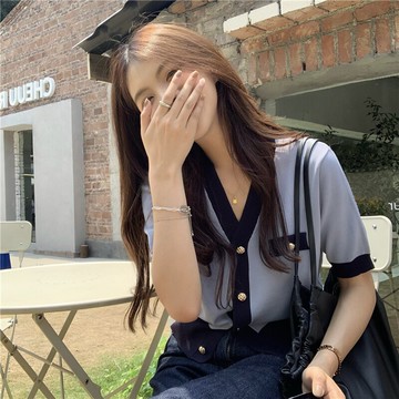 拼色開衫v領短袖針織衫女夏季年新款韓版寬松顯瘦百搭上衣潮