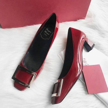 歐洲站2025新款方扣單鞋女高跟鞋小方頭粗跟香蕉跟大紅色中跟婚鞋