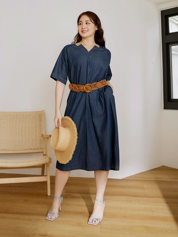 雲朵自訂款-不規則V領後開衩牛仔長洋裝