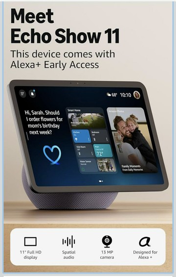 美國直送 Amazon Echo Show 11（最新型號），鮮豔全高清 11 吋螢幕，具備更廣闊的視野與空間音效，支援 Alexa+