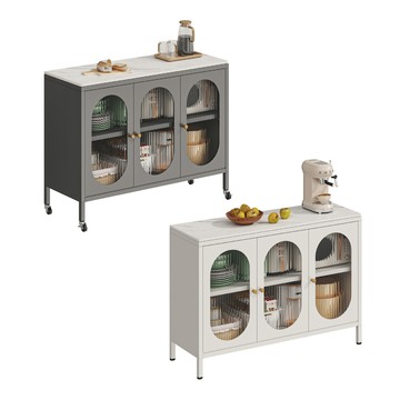 【慢慢家居】專人組裝-長虹玻璃門-岩板對開門鋼製餐廚櫃-120x42cm(餐櫃 餐邊櫃 電器櫃 廚房收納 收納櫃 廚房置物櫃)岩板餐櫃-120cm(白櫃體)