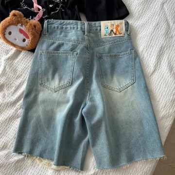 胖胖美依 牛仔中褲 闊腿褲 熱帶褲 直筒褲 S-2XL新款復古破洞牛仔短褲高腰寬鬆顯瘦a字直筒五分中褲-9371.