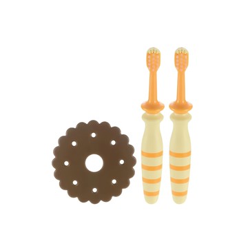 Richell 利其爾 訓練型牙刷 第一階段 特殊弧度握柄 餅乾造型護喉環 矽膠刷頭  1組