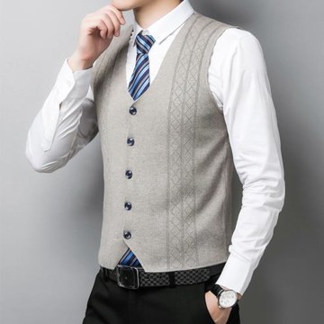 春秋男含羊毛休閑背心坎肩新款中年男裝帥氣針織開衫馬甲潮流毛衣