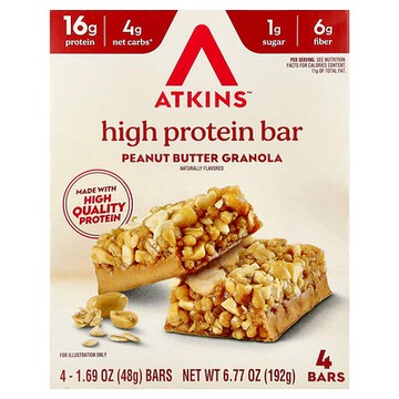 Atkins, 高蛋白質棒，花生醬格蘭諾拉麥片，4 根，每根 1.69 盎司（48 克）