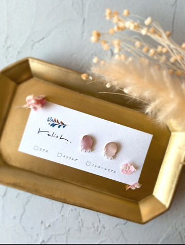 珍珠 深邃薔薇石英 金繼 耳環 無耳洞耳夾 小巧 迷你 鍍金 金 簡約 耳飾 粉色 天然石 禮物