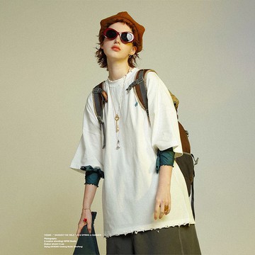 UNVESNO復古純色寬松T恤日系打底衫破洞休閒短袖 情侶裝 SWS-1141