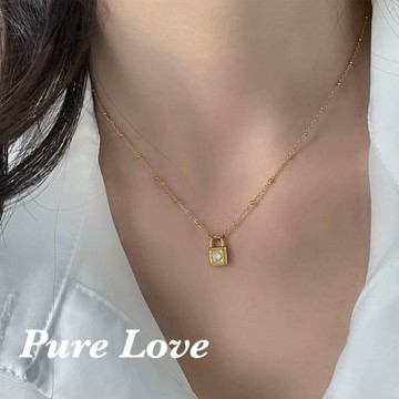 Pure Love樂芙 / 正韓 鈦鋼【316L醫療鋼】G01099小鎖頭鋯石鑲嵌鎖骨鏈 短項鏈 / 金