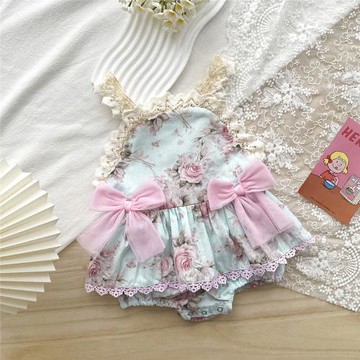 女嬰兒花朵吊帶包屁裙子花邊可愛女寶寶連體衣連體裙