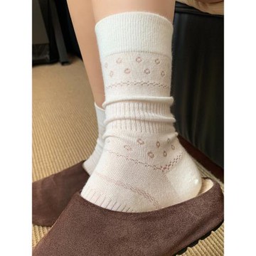 韓系奶油色鏤空網眼小花女襪子薄款透氣純色無骨襪春夏新款中筒襪