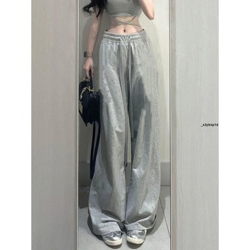 女長褲 美式復古vintage灰色休閑褲子女夏季高腰抽繩寬松垂感薄款闊腿褲