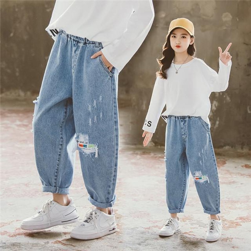 キッズ 子供服 ダメージデニムパンツ ジーンズ デニムパンツ 女の子