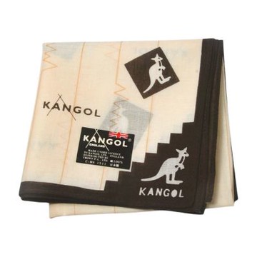 KANGOL 可愛袋鼠 LOGO圖騰帕領巾(米白底/咖啡邊/48CM)