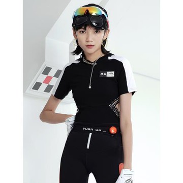 TUFN黑白拼色修身輕薄透氣鏤空訓練健身休閑運動連帽短袖T恤女