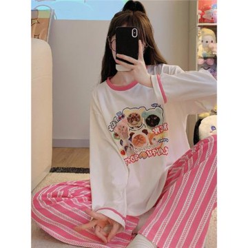 春秋新款長袖長褲純棉可愛卡通印花公主風休閑甜美寬松兩件套裝女