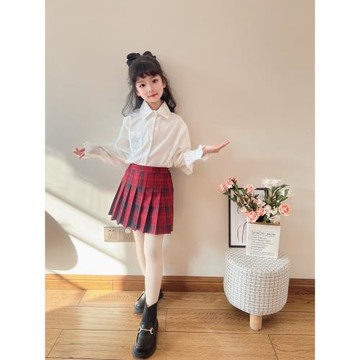 女童紅格子百褶學院風半身裙2025春秋新款學生韓版系校園jk制服裙