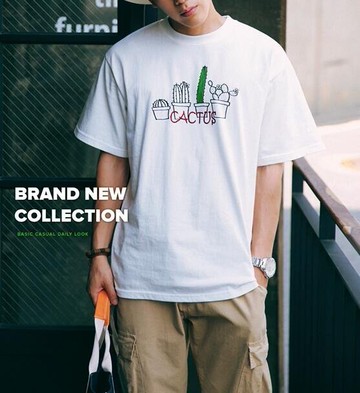 FINDSENSE MD 韓國 潮 男 時尚 街頭 卡通仙人掌盆栽印花 短袖T恤 特色短T 學生T恤 字母T