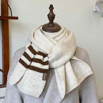 秋冬季保暖針織圍巾女韓版百搭羊毛復古米色高級感情侶條紋圍脖男