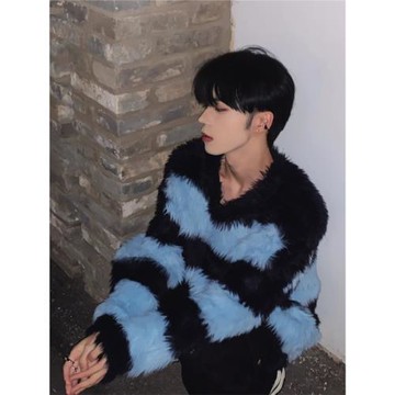 (免運)條紋撞色馬海毛毛衣男秋冬美式復古慵懶針織衫潮牌毛茸茸圓領外套