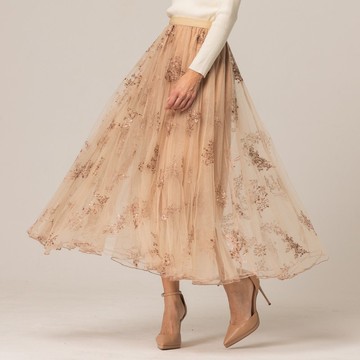 香榭巴黎繡花菲利斯紗裙   咖杏