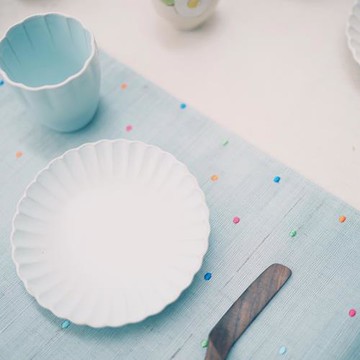 福如樂 原創麻餐巾素雅淡藍水玉刺繡手工日式苧麻餐墊桌墊桌布