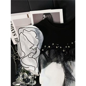 ZHOUYI/周一2025夏季圓領百搭亮珠上衣女花苞袖蕾絲T恤修身短袖