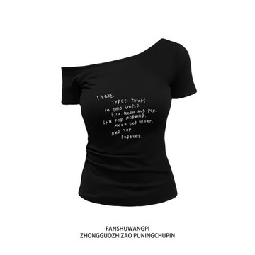 甜辣妹字母印花斜肩短袖t恤女夏季2025收腰露肩修身短款純欲上衣