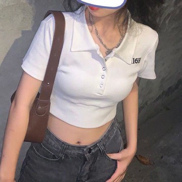 現款免運設計感小衆美式複古辣妹正肩POLO衫短款短袖t恤女夏休閒露臍上衣a