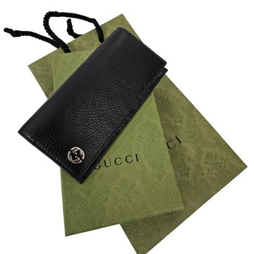 GUCCI 古馳 經典金屬LOGO荔枝紋拉鍊零錢袋薄對開長夾 原廠紙盒紙袋送禮