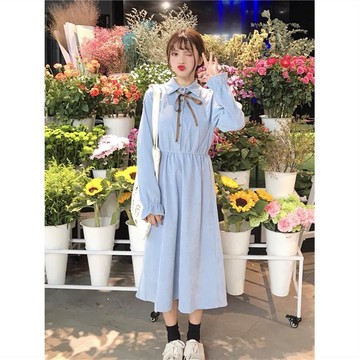 收腰打底連衣裙女秋季女裝長袖配大衣的長裙子過膝