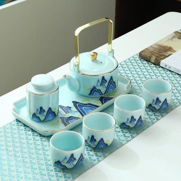 陶瓷提梁壺茶具套裝家用輕奢現代居家待客茶盤茶杯套裝大容量