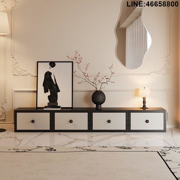 免運 開立發票 電視櫃 收納櫃 儲物櫃 落地櫃 背景櫃 電視櫃客廳黑白海棠中古法式復古侘寂實木皮革后背鏤空組合可定制 支持訂製