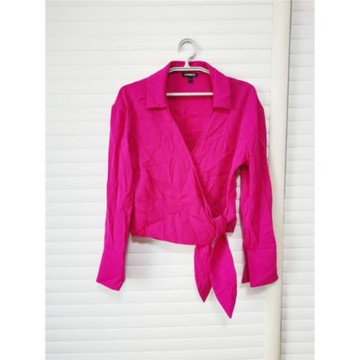 出口歐美外貿原單女春秋長袖襯衣玫紅芭比粉襯衫斜襟綁帶火龍果色