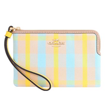 COACH CBP18 馬車LOGO格紋帆布拉鍊小手拿包.黃/褐色