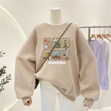 美式復古圓領衛衣女秋冬季加絨加厚大碼oversize慵懶chic上衣外套