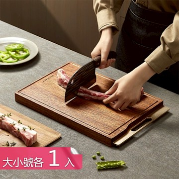 【荷生活】雙面可用天然寬大抗菌砧板 天然原木金屬提手可站立防霉砧板-大小號各1入組