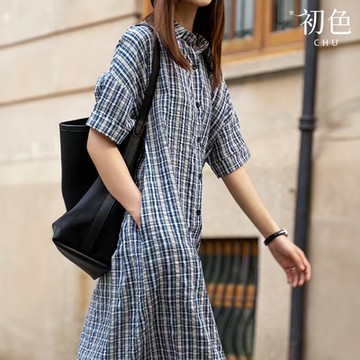 初色 韓版寬鬆格紋單排扣POLO領短袖襯衫裙中長裙連衣裙連身洋裝-藍色格紋-10124(M-2XL可選)
