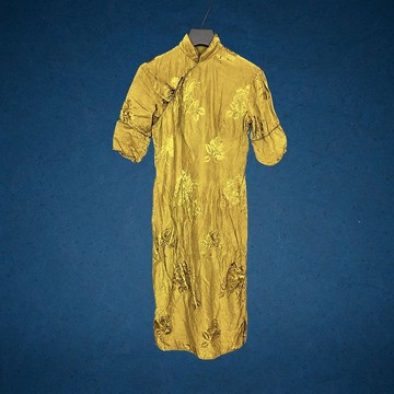 二手 古董訂製 暖黃深墨綠 緹花樣式 短袖旗袍 CA613